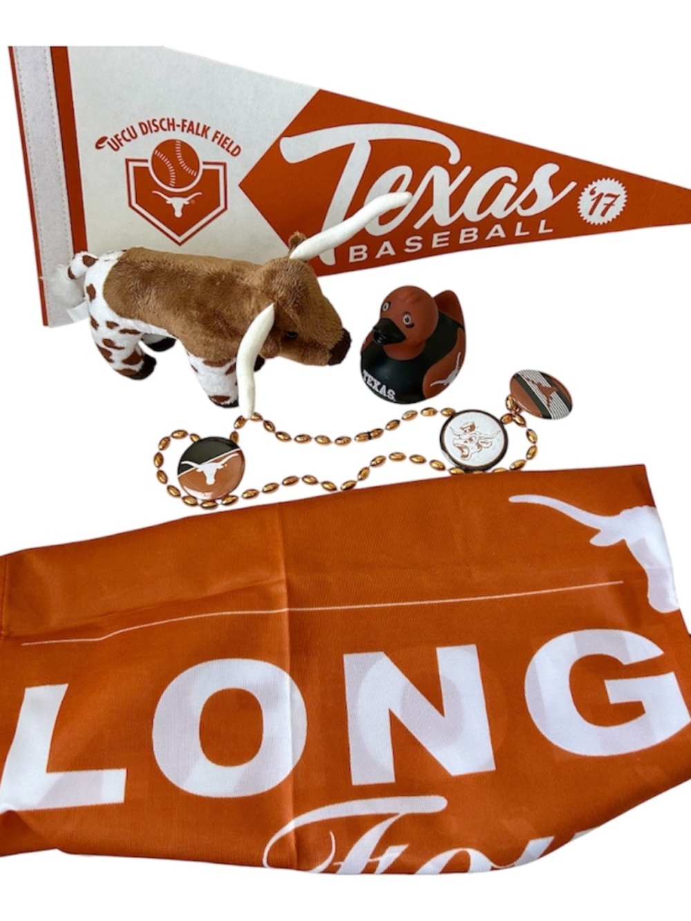UT Longhorn Spirit Set - Pennant, Duck, 3 Pins, Beads Flag, Plush - 8 Items TX